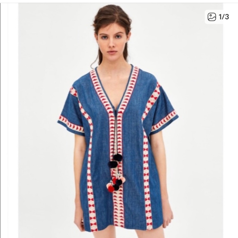 ZARA Denim Jean Embroidered V Neck Mini Dress - Picture 2 of 8